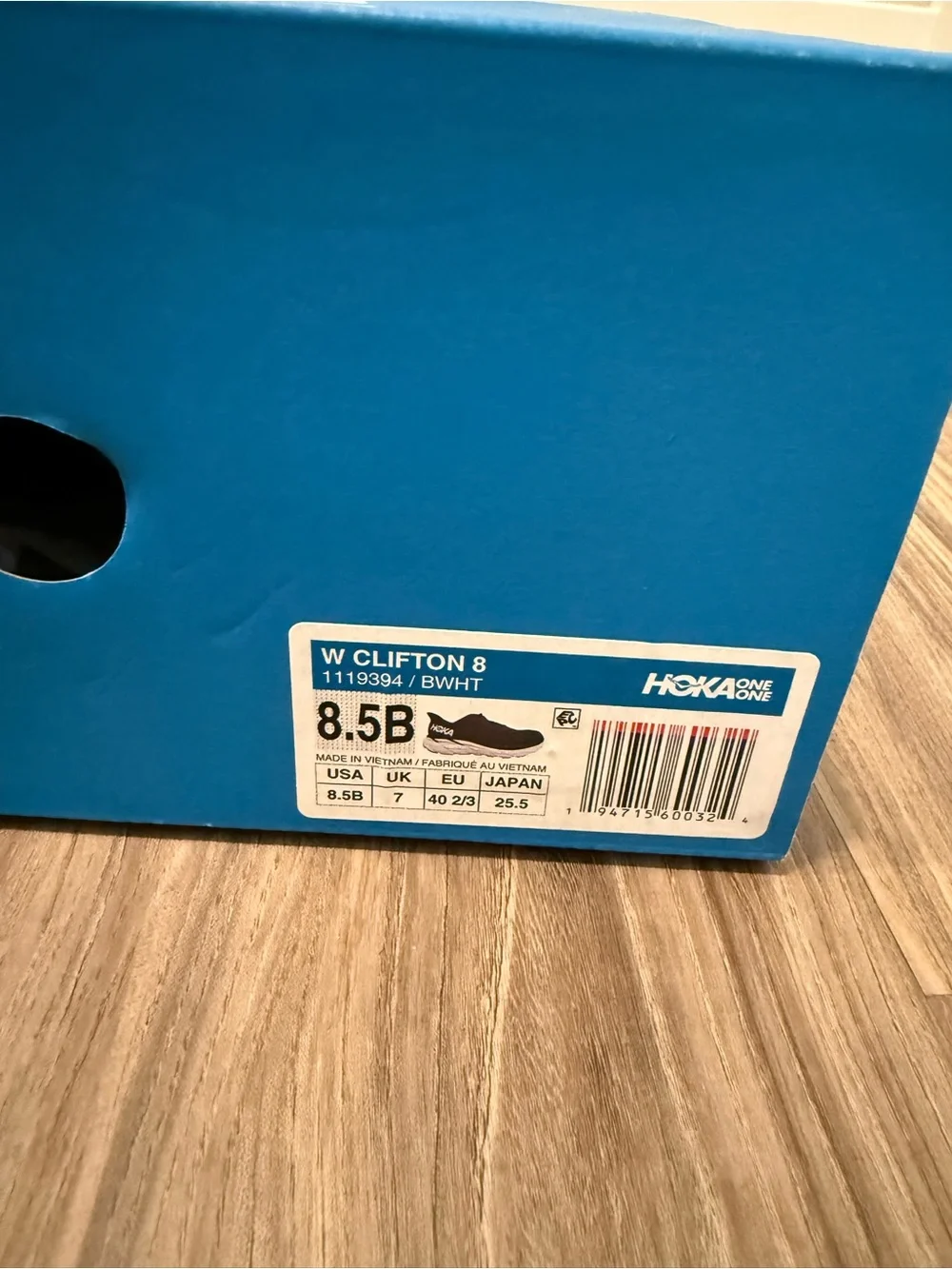 Hoka Women's Clifton 8 Black and White Running Sneakers - Size 8.5